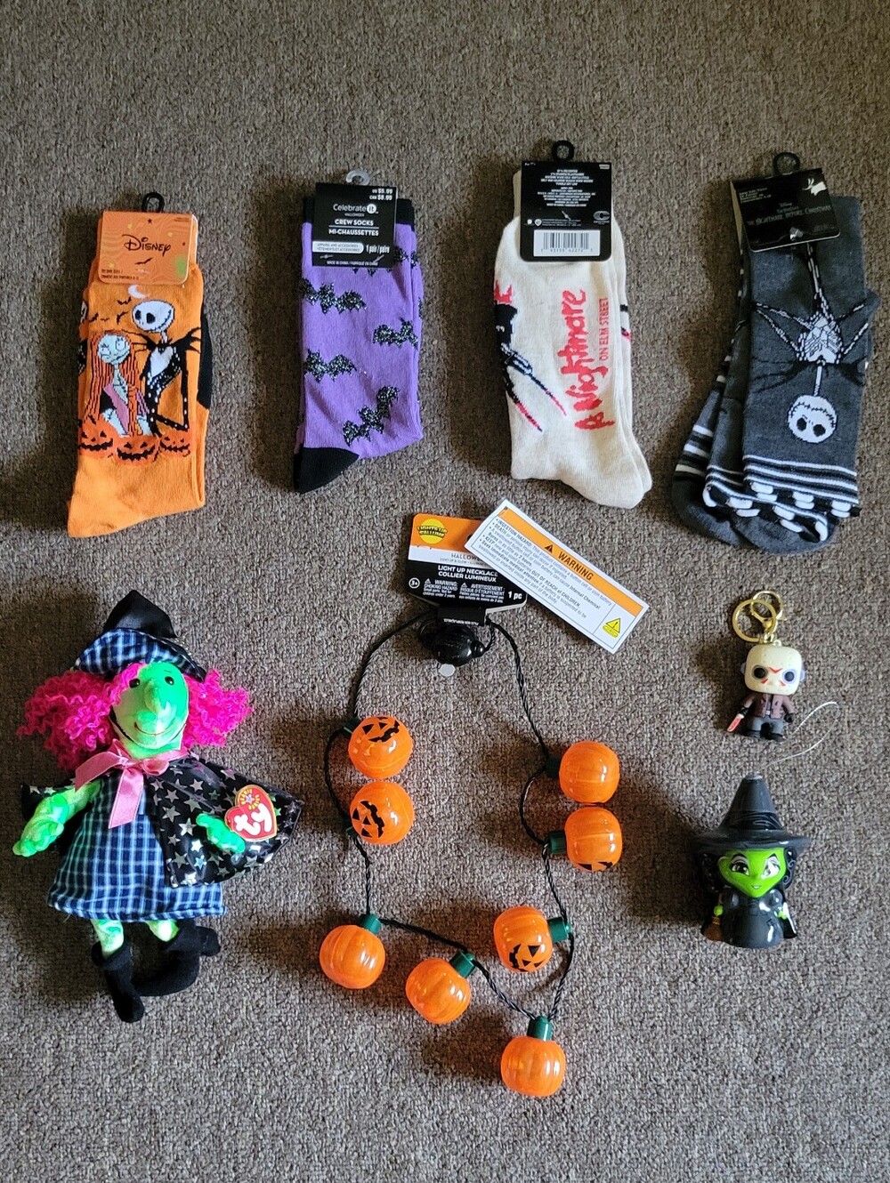 Halloween Bundle of 8 Socks, Light up Necklace,  Keychain,  Plushy Witch & More!